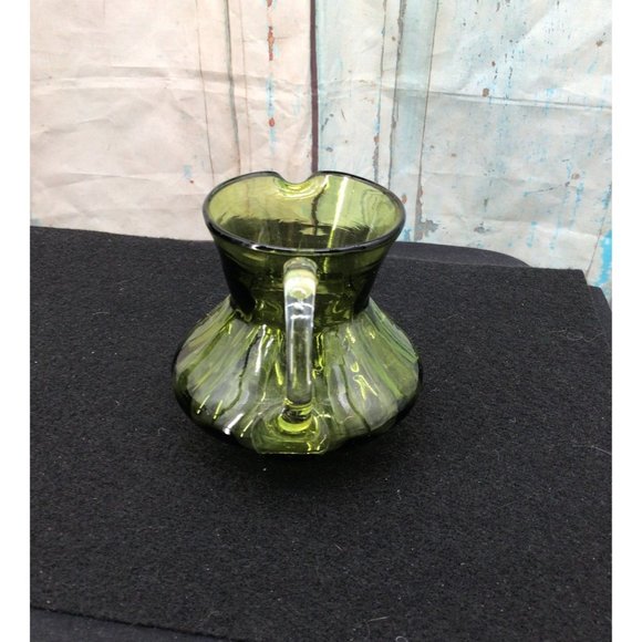 Green Blown Glass 4 inch Pitcher with a Colorless Handle - Picture 4 of 7